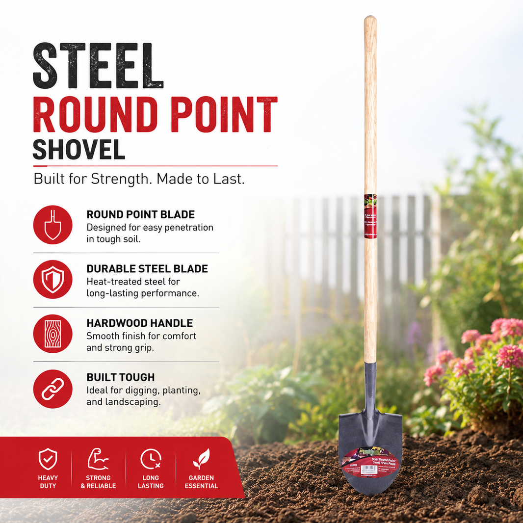 Shovel Round Point 56in x 6in Blade Wood L-Handle