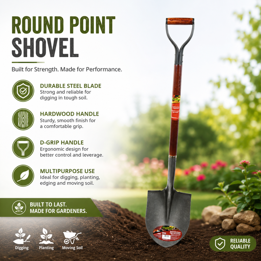 Shovel Round Point 53in x 8-1/2in Blade Wood Metal D-Handle
