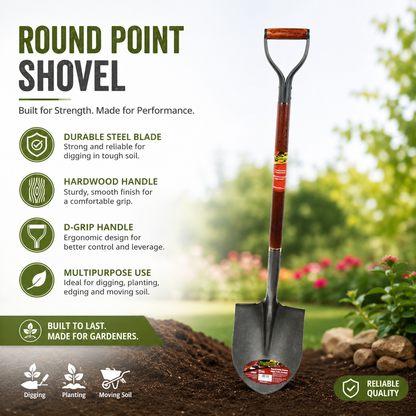 Shovel Round Point 53in x 8-1/2in Blade Wood Metal D-Handle
