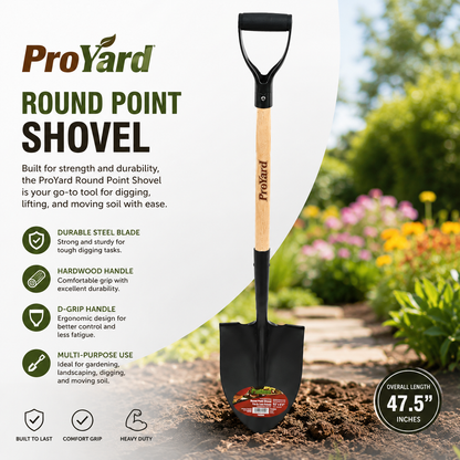 Shovel Round Point 39in x 8-1/2in Blade Wood D-Handle