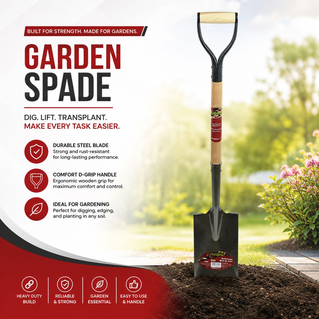 Garden Spade Shovel 40in x 6-4/5in Blade Wood D-Handle