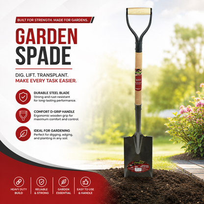 Garden Spade Shovel 40in x 6-4/5in Blade Wood D-Handle