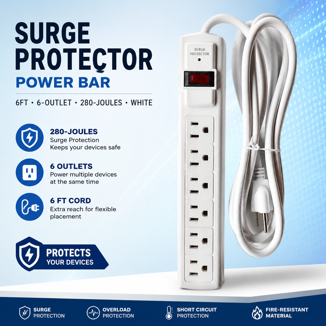Surge Protector Power Bar 6ft, 6-Outlet.