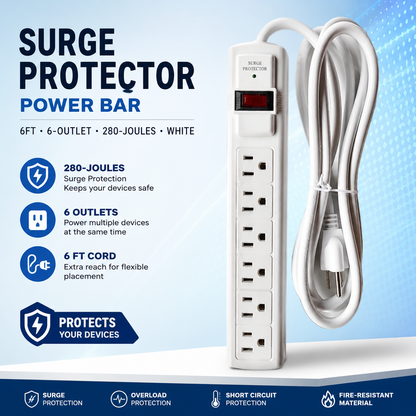 Surge Protector Power Bar 6ft, 6-Outlet.