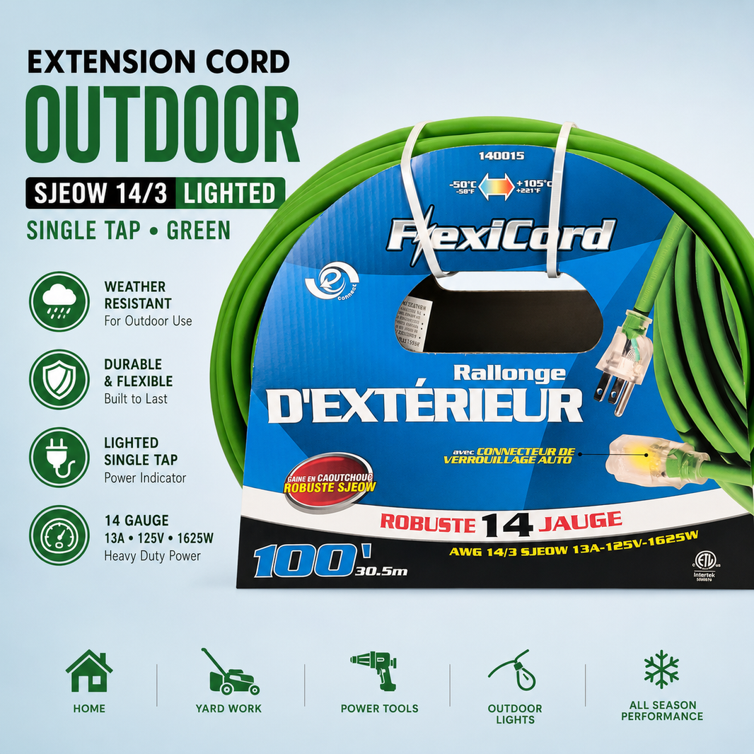 Extension Cord Outdoor SJEOW 14/3 Lighted Single Tap Green