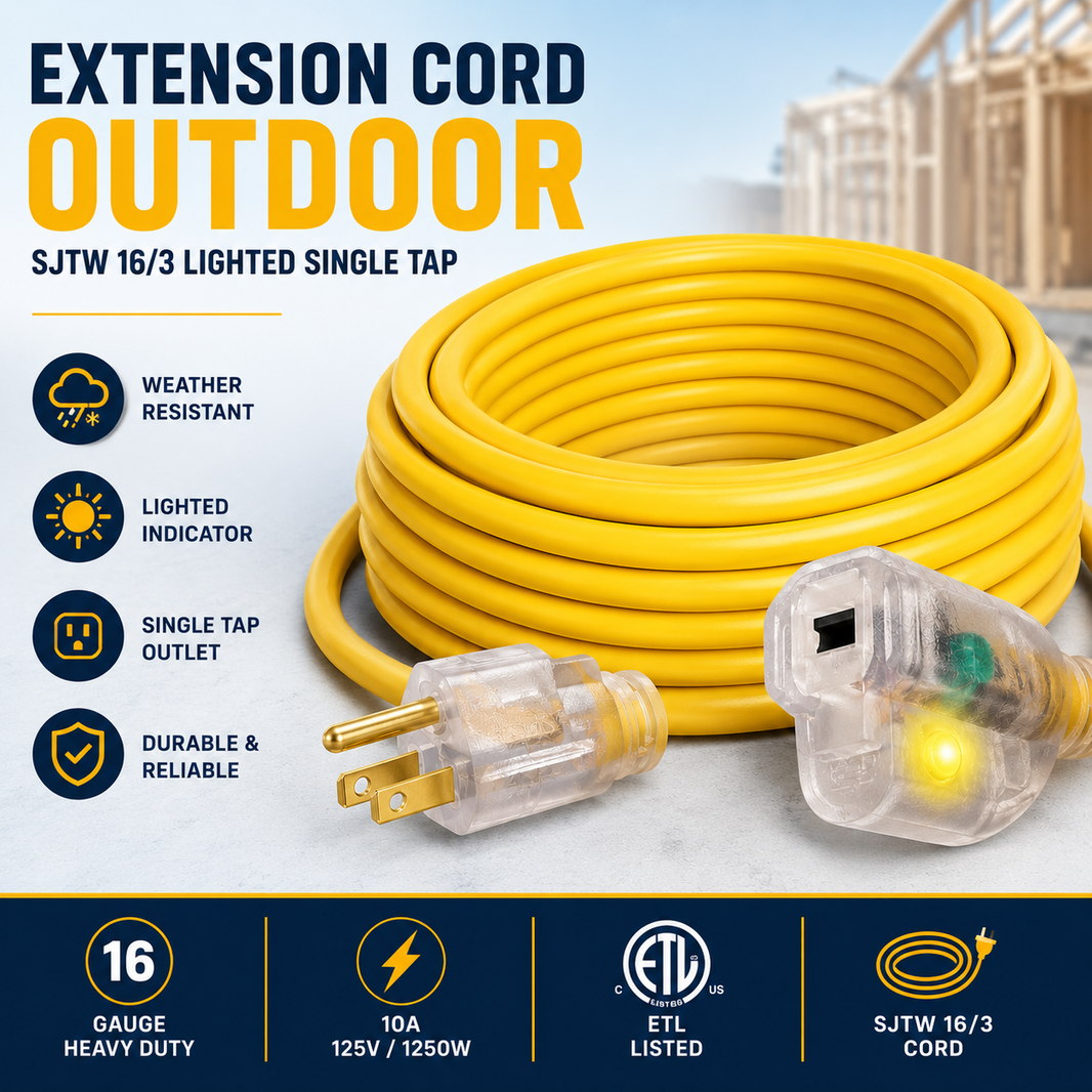Extension Cord Outdoor SJTW 16/3 Lighted Single Tap, Yellow.