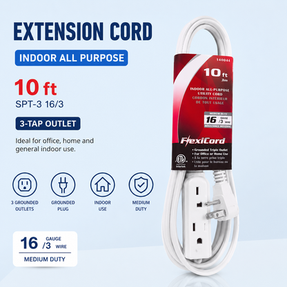 Extension Cord Indoor All Purpose SPT-3 16/3 3-Tap 10ft White