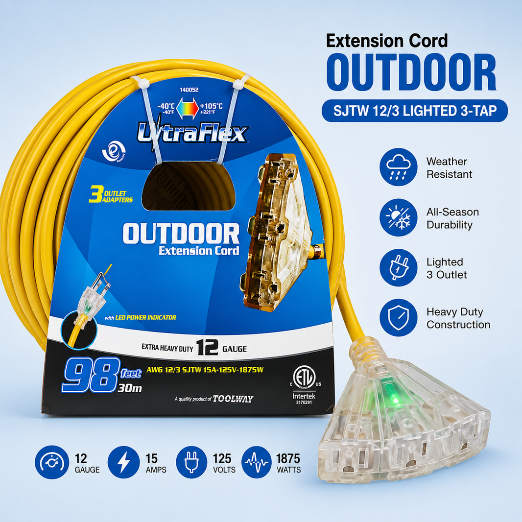 Extension Cord Outdoor SJTW 12/3 Lighted 3-tap Yellow