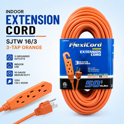 Extension Cord Indoor SJTW 16/3 3-Tap Orange