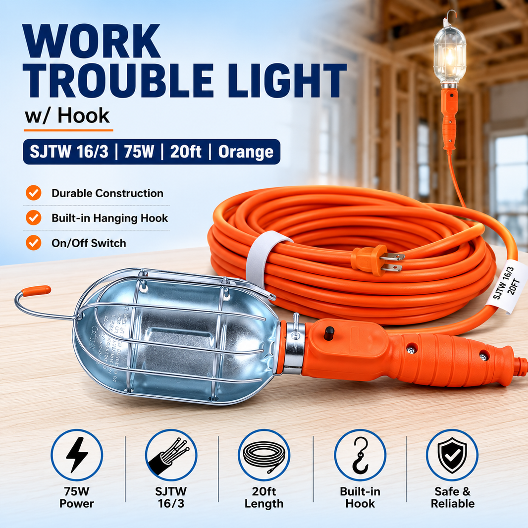 Work Trouble Light w/Hook SJTW 16/3 75W 20ft Orange