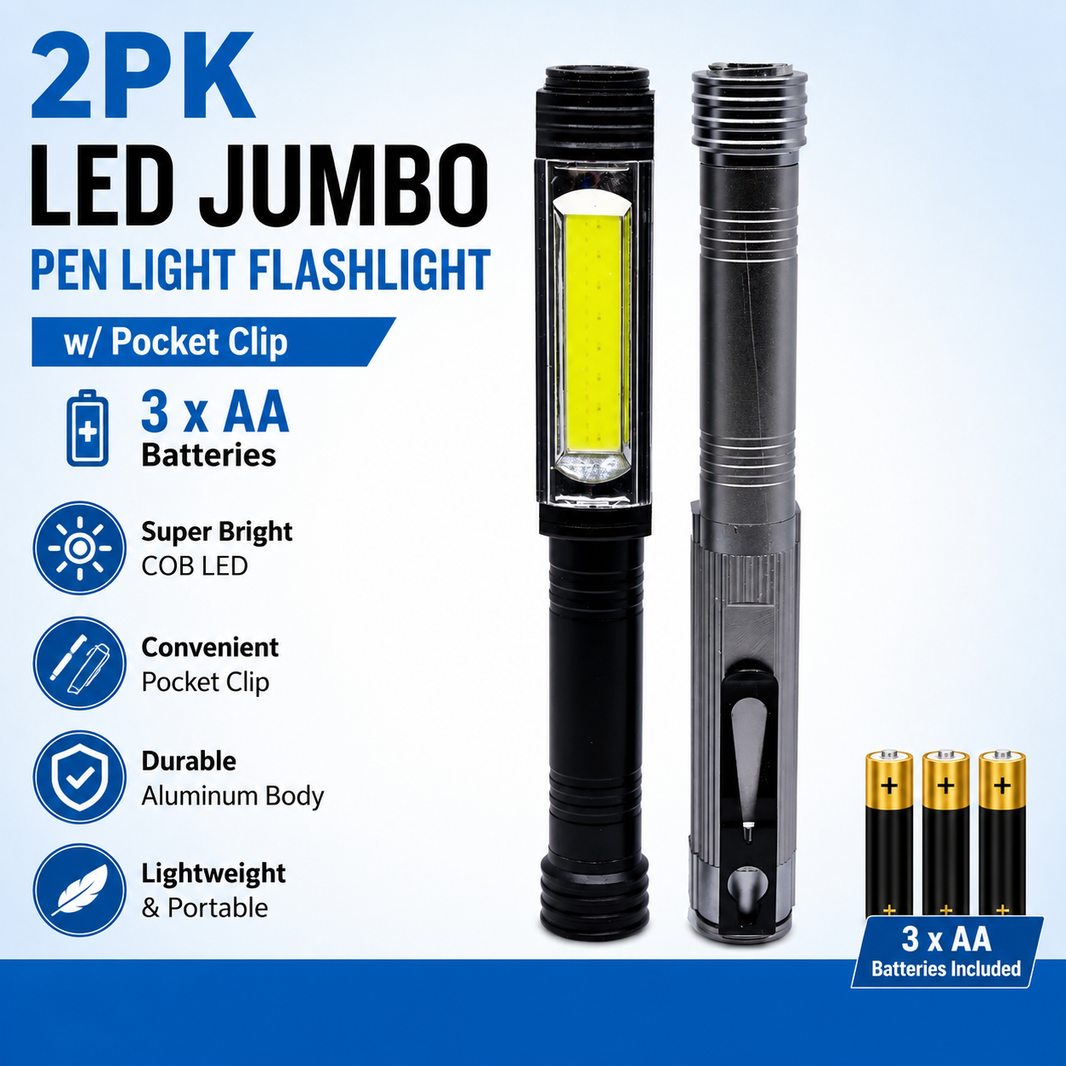 2PK LED Jumbo Pen Light Flashlight w/Pocket Clip