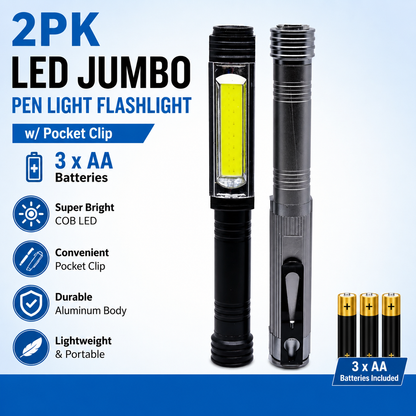 2PK LED Jumbo Pen Light Flashlight w/Pocket Clip