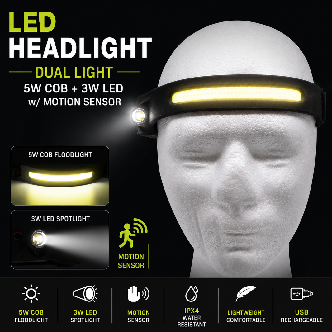 LED Headlight Dual Light 5W COB + 3W LED w/Motion Sensor